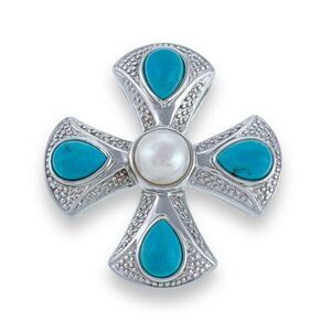 Vintage Designer EA Sterling Silver 925 Turquoise Pearl Modern Cross Pendant